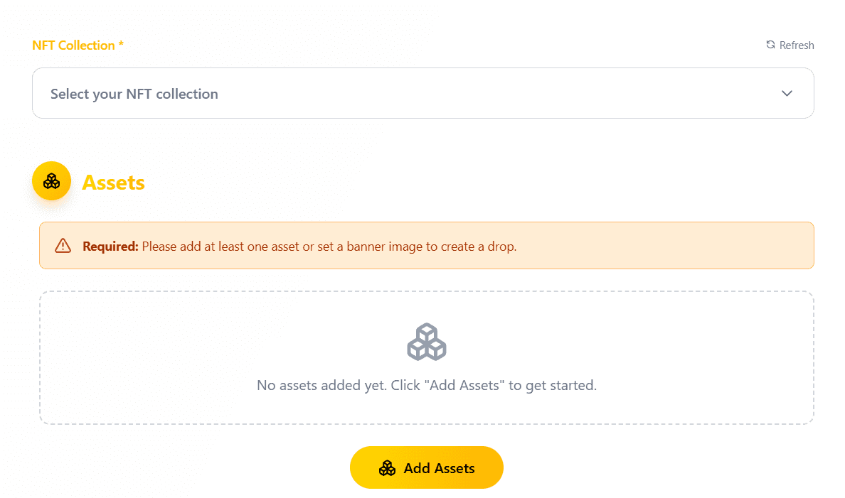 Creating a new drop — selecting collection and assets