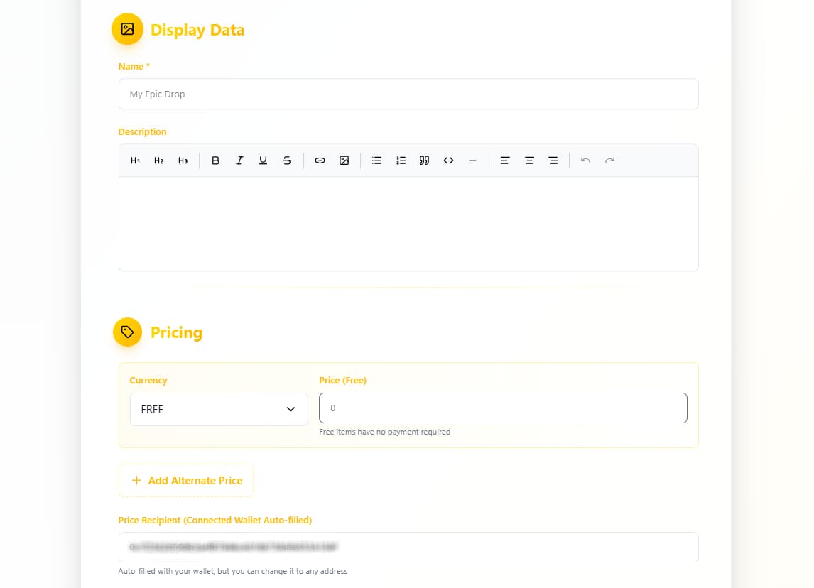Setting drop name, description, and price